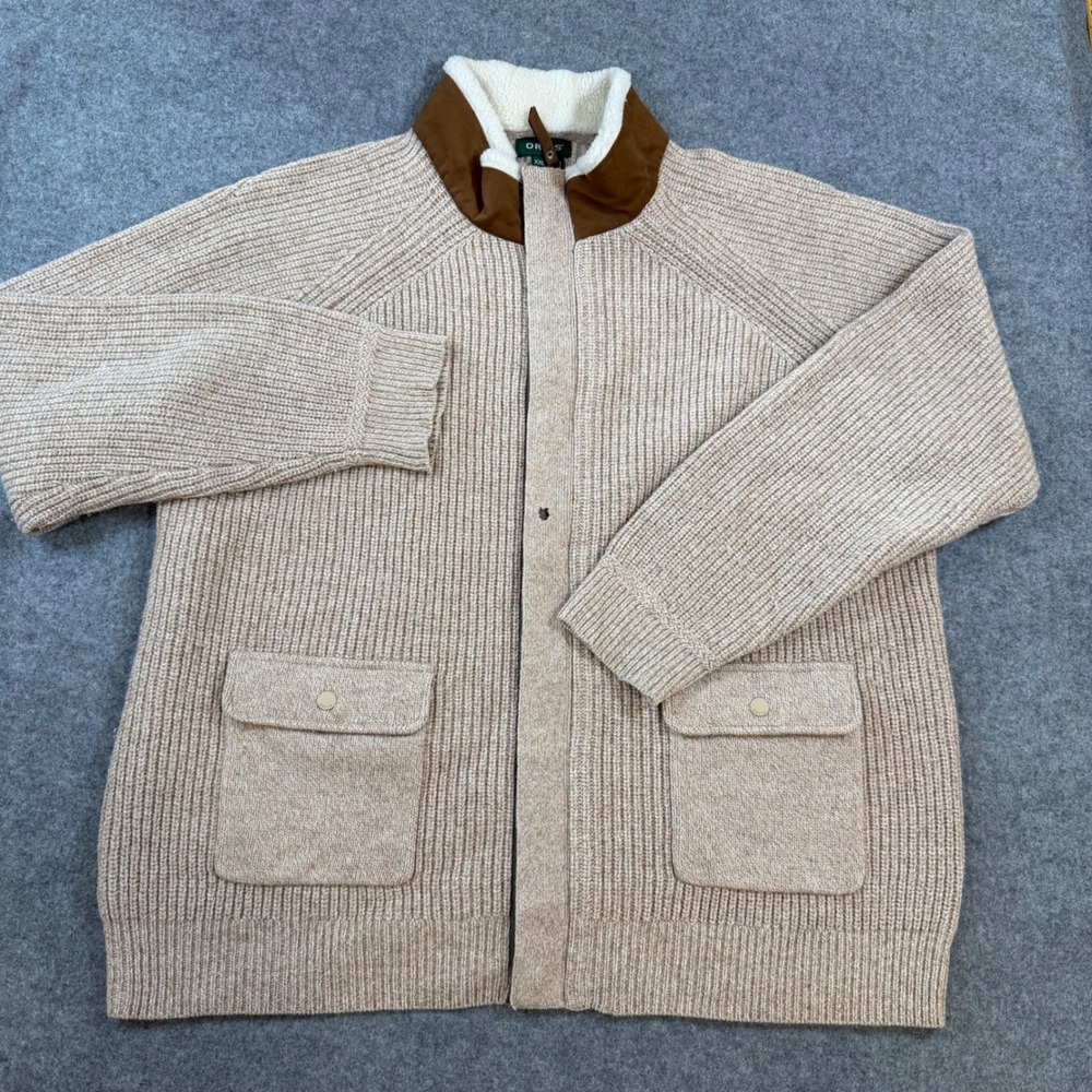 Orvis Mens XXL Lambswool Full Zip Ribbed Cardigan Sweater Sherpa Collar Tan